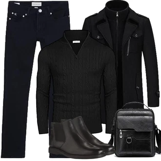 Wolle-seide Outfit mit Schwarz Duffle Mantel/Scuba-Mantel/Kaschmir Mantel/Mantel mit Reißverschluss/Wollfleece Mantel/Wintermantel Wollmantel KUDORO "Herbst Outfits"