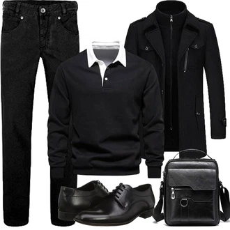 Wolle-seide Outfit mit Schwarz Duffle Mantel/Scuba-Mantel/Kaschmir Mantel/Mantel mit Reißverschluss/Wollfleece Mantel/Wintermantel Wollmantel KUDORO "Herbst Outfits"