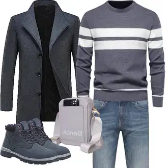 Slim fit Outfit mit Dunkelblau/Grau Tweed Mantel/Gehröck/Wollfleece Mantel/Schmal Geschnittener Mantel/Kaschmir Mantel/Blazermantel/Wintermantel Wollmantel KUDORO "Herbst Outfits"