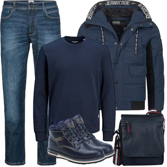 Rundhals Outfit mit Dunkelblau/Blau Damen Pullover/Sport Sweatshirt/Women's Fleece Sweatshirts Jack & Jones "Herbst Outfits"