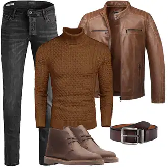 Stil, Western Outfit mit Braun/Beige/Dunkelbraun Jacke mit Seitlichem Reißverschluss/Bikerjacke/Motorradjacke/KunstLederjacke/Vintage Lederjacke/Lederjacke Amaci&Sons "Herbst Outfits"Look: 80er, Moderne, Western, Schön, Coole, Retro