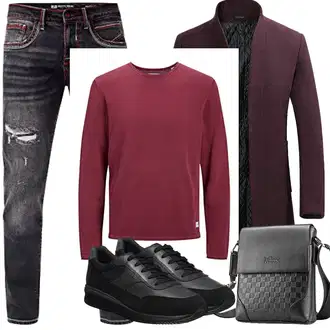 Outfit mit Dunkelrot/Bordeaux Tweed Mantel/Kaschmir Mantel/Gehröck/Blazermantel/Wollfleece Mantel/Strickmantel/Schmal Geschnittener Mantel/Wollmantel YOUTHUP "Herbst Outfits"