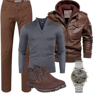 Motorrad Outfit mit Dunkelbraun/Khaki/Braun Bikerjacke/Vintage Lederjacke/Herbstjacke/Jacke mit Seitlichem Reißverschluss/Kapuzenjacke/Kunstlederjacke/Leder Bomberjacke/Lederjacke CARWORNIC "Herbst Outfits"Look: Wandern, Motorrad, Arbeits, Trekking, Reiten
