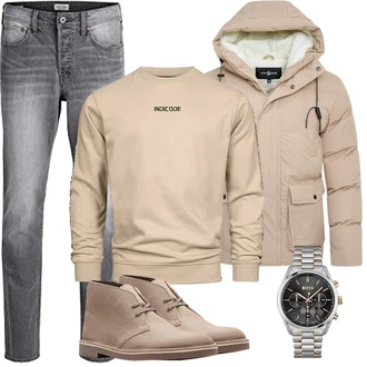 Rundhals Outfit mit Beige/Khaki Pullover mit Stehkragen/Women's Fleece Sweatshirts/Damen Pullover/Sport Sweatshirt Indicode "Herbst Outfits"