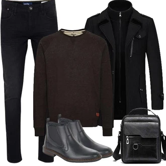 Slim fit Outfit mit Schwarz Duffle Mantel/Scuba-Mantel/Kaschmir Mantel/Mantel mit Reißverschluss/Wollfleece Mantel/Wintermantel Wollmantel KUDORO "Herbst Outfits"