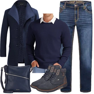 Slim fit Outfit mit Dunkelblau Kaschmir Mantel/Wollfleece Mantel/Blazermantel/Schmal Geschnittener Mantel/Gehröck/Wintermantel Wollmantel YOUTHUP "Herbst Outfits"