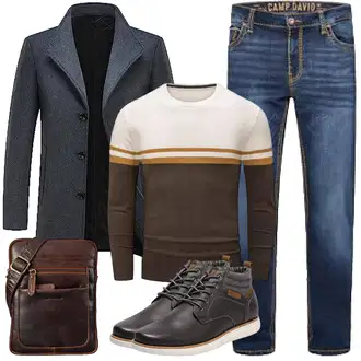 Slim fit Outfit mit Dunkelblau/Grau Tweed Mantel/Gehröck/Wollfleece Mantel/Schmal Geschnittener Mantel/Kaschmir Mantel/Blazermantel/Wintermantel Wollmantel KUDORO "Herbst Outfits"