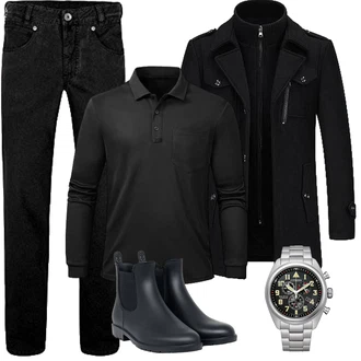 Slim fit Outfit mit Schwarz Duffle Mantel/Scuba-Mantel/Kaschmir Mantel/Mantel mit Reißverschluss/Wollfleece Mantel/Wintermantel Wollmantel KUDORO "Herbst Outfits"