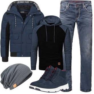 Outfit mit Schwarz/Dunkelblau 2-in-1 Pullover/Pullover mit Reißverschluss/Thermo Pullover/Winterpullover/Kapuzenpullover/Sport Hoodie/Strick Hoodie YuKaiChen "Herbst Outfits"
