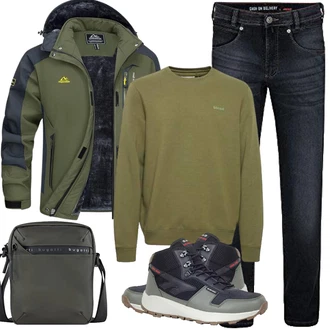 Outfit mit Dunkelgrün/Grau/Dunkelgrau/Grün Wasserdichte Tasche/Militär Tasche/Mannstasche Bugatti "Herbst Outfits"