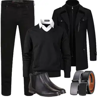 Slim fit Outfit mit Schwarz Duffle Mantel/Scuba-Mantel/Kaschmir Mantel/Mantel mit Reißverschluss/Wollfleece Mantel/Wintermantel Wollmantel KUDORO "Herbst Outfits"