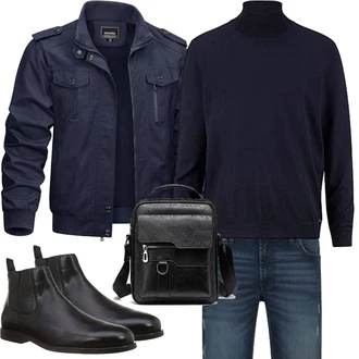 Motorrad Outfit mit Dunkelblau/Blau/Hellblau Sommerjacke/Trachtenstrickjacke/Cargojacke/Jacke mit Seitlichem Reißverschluss/Uniformjacke/Militärjacke/Fliegerjacke KEFITEVD "Herbst Outfits"Look: Angeln, Freizeit, Jagd, Arbeits, Motorrad, Airsoft