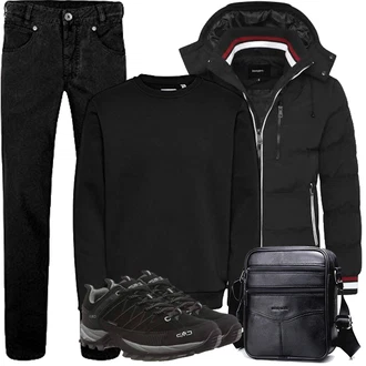 Sportlich Ski Outfit mit Schwarz Kunstfaserjacke/Kapuzenjacke/2in1 Jacke/Jacke mit Seitlichem Reißverschluss/Skijacke/Sommerdaunenjacke/Daunenjacke/Puffer Jacke/Winterjacke Behype "Herbst Outfits"Look: Rap, Indoor, Lack, Sportlich, Outdoor, Unisex, Ski, Berg­steigen, Skitouren, Trekking