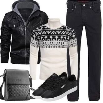 Motorrad Outfit mit Schwarz Kapuzenjacke/Bikerjacke/Jacke mit Seitlichem Reißverschluss/KunstLederjacke/Motorradjacke/Lederjacke HOOD CREW "Herbst Outfits"Look: Motorrad
