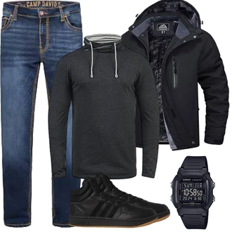 Outfit mit Schwarz/Dunkelblau/Dunkelgrau Wanderjacke/Reitjacke/Thermojacke/Segeljacke/Wasserdichte Jacke/Skijacke/Jacke mit Seitlichem Reißverschluss/Kapuzenjacke/Outdoorjacke/Winterjacke/Trekkingjacke/Funktionsjacke MAGCOMSEN "Herbst Outfits"