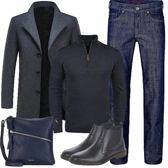 Slim fit Outfit mit Dunkelblau/Grau Tweed Mantel/Gehröck/Wollfleece Mantel/Schmal Geschnittener Mantel/Kaschmir Mantel/Blazermantel/Wintermantel Wollmantel KUDORO "Herbst Outfits"