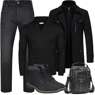 Slim fit Outfit mit Schwarz Duffle Mantel/Scuba-Mantel/Kaschmir Mantel/Mantel mit Reißverschluss/Wollfleece Mantel/Wintermantel Wollmantel KUDORO "Herbst Outfits"