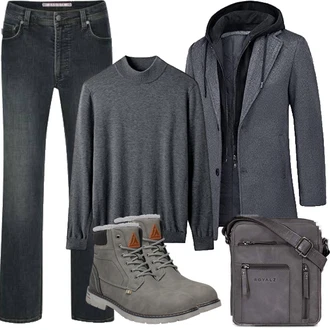 Zweiteilige Outfit mit Grau/Dunkelgrau/Dunkelblau Langer Wintermantel KTWOLEN "Herbst Outfits"