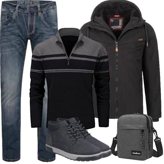 Outfit mit Schwarz/Dunkelgrau/Grau Skitourenjacke/Wasserdichte Jacke/Outdoorjacke/Wanderjacke/Funktionsjacke/Trekkingjacke Alessandro Salvarini "Herbst Outfits"