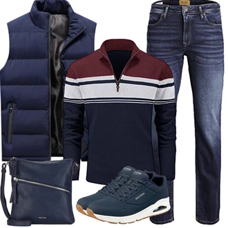 Outfit mit Dunkelblau/Blau Reiseweste/Sport Weste/Funktionsweste/Trachtenweste/Kunstfaserweste/Kurze Weste/Lange Weste/Wendeweste/Daunenweste/Puffer Weste/Ärmellose Weste LEZUAN "Herbst Outfits"