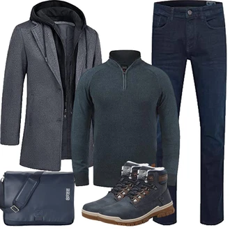 Zweiteilige Outfit mit Grau/Dunkelgrau/Dunkelblau Langer Wintermantel KTWOLEN "Herbst Outfits"