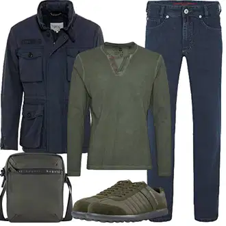 Outfit mit DunkelGrün/Grau/Dunkelgrau/Grün Wasserdichte Tasche/Militär Tasche/Mannstasche Bugatti "Herbst Outfits"