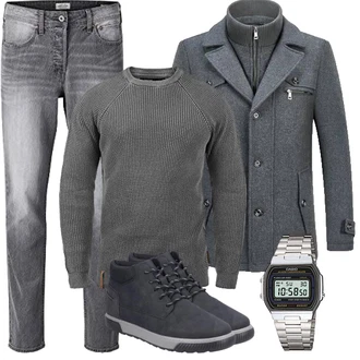 Slim fit Outfit mit Dunkelblau/Dunkelgrau/Grau Blazermantel/Caban Mantel/Wollfleece Mantel/Wintermantel Wollmantel KUDORO "Herbst Outfits"