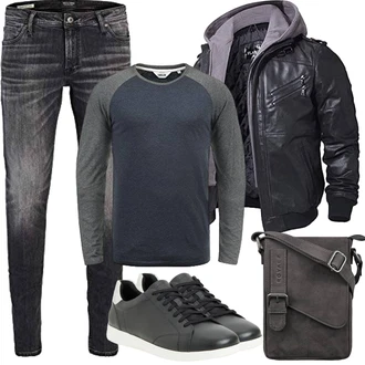 Motorrad Outfit mit Dunkelgrau/Schwarz/Grau/Dunkelblau Bikerjacke/Motorradjacke/Winterjacke/Fliegerjacke/Kapuzenjacke/Kunstlederjacke/Leder Bomberjacke/Jacke mit Seitlichem Reißverschluss/Lederjacke FLAVOR "Herbst Outfits"Look: Reiten, Motorrad, Airsoft