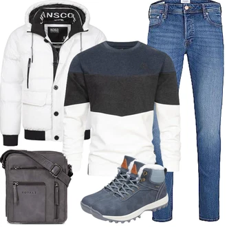 Rundhals Outfit mit Grau/Dunkelblau/Weiß/Schwarz Women's Fleece Sweatshirts/Damen Pullover/Pullover mit Stehkragen/Sport Sweatshirt Indicode "Herbst Outfits"