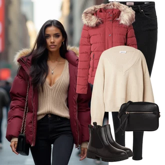 Umělá kožešina Outfit s Červená Podzimní bunda/Nafukovací Bund/Zimní Bund/Puchová Bund/Péřová Bunda Only "Zimní Outfity"