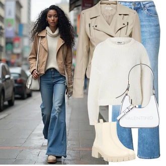 Outfit s Krémová/Bílá/Béžová/Khaki Chelsea Boty/Letní kotníková kozačka/Gumová Kotníková Bota/Kožená bunda About You "Outfit na podzim"
