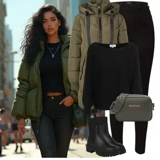 Krátká Outfit s Tmavě zelená/Khaki Zimní Kabát/Prošívaný kabát/Parka/Přechodový Kabát/Dlouhý Péřový Kabát/Péřový Kabát/Kabát se Zipem JdY "Podzimní casual styl"