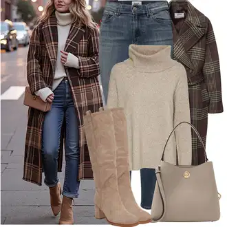 Outfit sa Smeđa/Bež/Siva Džemper s Vodopadnim izrezom/Pulover s Rol Ovratnikom/Jednostavni Džemper/Džemper Od Kašmira/Kašmir Džemper/Vuneni Džemper/Džemper s rol ovratnikom VERO MODA "Božićni outfit"
