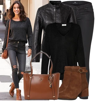 Outfit s Černá Motorkářské Bund/Kožené Bund Bunda z Umělé Kůže/Bunda s Bočním Zipem/Kožená Bomber Bund/Kožené Bund/Motorkářská bunda/Kožená vintage bunda JdY "Cool podzimní outfit"