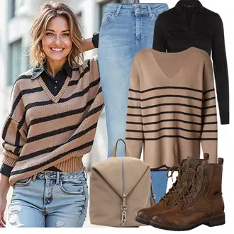 Motor Outfit sa Smeđa/Tamnosmeđa Čizmica Gležnjača na Vezanje/Čizma s patentnim zatvaračem/Borbena Čizma Tamaris "Trendi Jesenski Outfit"Look: S zakovicama, Ronjenje, Motor, Jahanje