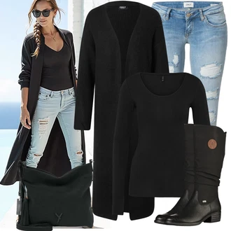 Outfit s Černá Zimní Kozačka/Dlouhá Kozačka/Bota se širokým nohavici/Klasická Kozačka/Plochá Kozačka nad koleno/Nepromokavá Kozačka/Jezdecká Bota Rieker "Trendový podzimní outfit"