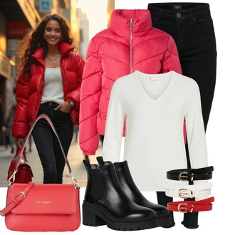 S Třásně Outfit s Černá/Bílá Kožená bunda/Kožené Boty/Zimní bunda/Slim Fit Džíny/Džíny s Nízkým Sedem/Push up Džín/Motorkářské Džíny/Termální Džíny Only "Vkusný podzimní outfit"