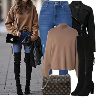 Seksi Outfit sa Crna Čizma Iznad Koljena/Kožna Čizma Iznad Koljena/Čizma do Koljena/Duga Čizma/Ravna čizma preko koljena About You "Božićni outfit"Look: cool, Šik, Seksi, Preodjeven, Elegantan, sviatočné, Old Money, Ležerno