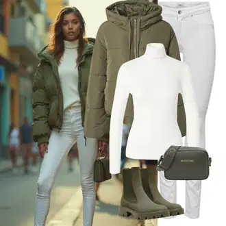 Outfit s Tmavě zelená Chelsea Boty/Gumová Kotníková Bota/Kožená bunda Only "Zimní Outfity"