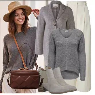 Outfit sa Siva/Smeđa/Svjetlosiva Pleteni Flis Kaput/Pleteni Kaput/Vuneni kaput/loden kaput/Kaput od Tvida/Kaput od Kašmira/Midi Kaput/Kaput od Vunenog Flisa/Kaput od Buklea Oui "Trendi Jesenski Outfit"
