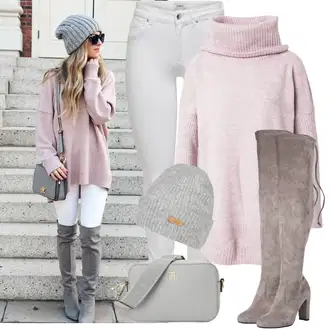 Outfit sa Siva/Bež/Smeđa/SvjetloSiva Čizma Iznad Koljena/Čizma na visoku petu/Čizma do Koljena/Čizma na Špic/Kožna Čizma Iznad Koljena/Čizma s patentnim zatvaračem/Duga Čizma About You "Božićni outfit"