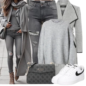 Outfit s Šedá/Tmavě šedá/Světle šedá Kožená bunda/Kožené bundy/Džíny s Dírou/Motorkářské Džíny/Džíny s Rozparkem Only "Vánoční outfit"