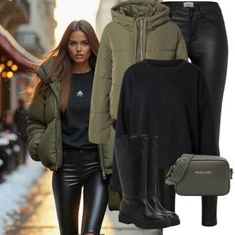 Nadrozměrné Krátká Outfit s Černá Fleecová Mikina/Kožená bunda/Sportovní mikina Pieces "Outfit na podzim"Look: Chill, Hip Hop, Nadrozměrné, Skater, Unisex, Univerzitní, Pracovní oděvy, Sportovní