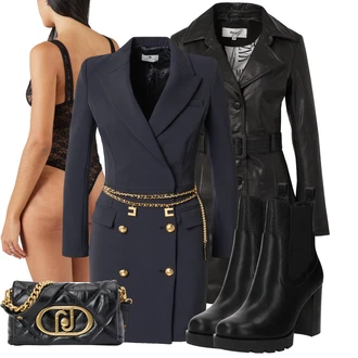 outfit mit Črna Chelsea Škornj/Usnjena Jakna/Klasični gležnjar/Usnjeni gležnjar/Podloženi Gležnar/Poletni gležnjar/Western gležnjar Guess "Jesenska večerna obleka"