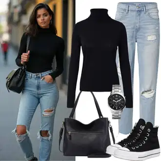 Outfit inspiracije Ljeto sa Svjetloplava High Waist Traperice/Capri Traperice/Mom Jean/Ženske Traperice 7/8 Dužine/Dad Traperice/Skraćene Traperice/Čizma do Gležnja/Boyfriend Jeans/Girlfriend Traperice Pieces, Crna Niska Tenisica/Platnena tenisica/Skate cipela Vans, Bež/Crna/Plava/Srebro Kutija za satove/Maska/Dodatak za mobitel spokey "Jesenska odjeća za svakodnevno nošenje"