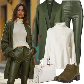 Naguban ovratnik outfit mit Rjava/Temno siva/Svetlo siva/Siva/Zelena Volnena jopica/Zimski kardigan/Kardigan z okroglim izrezom/Dolge jopice/Podložen pleteni jopič/Trachten Jopica/Pletena jakna iz boucle materiala Numoco "Jesenski izgled"
