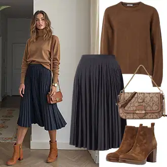 outfit mit Bela/Rjava/Bež/Črna Zavito Krilo/Krilo za zavezovanje/Potiskana krila/Plisirano krilo/Moderno krilo/Midi krilo/Večplastno krilo/Krilo iz 90-ih Trendyol "Jesenski Videz"