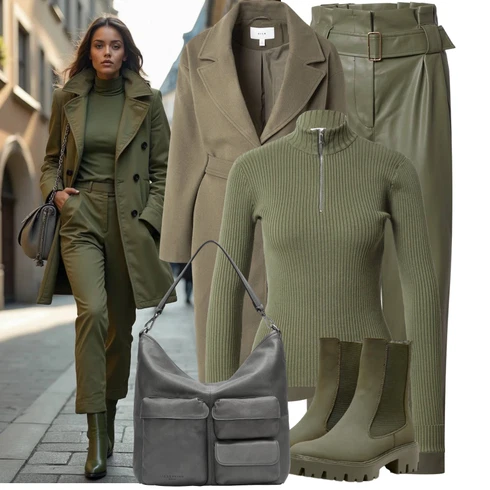 Kombinace Tmavě Zelená/Zelená/Khaki Kalhoty s Vysokým Pasem/Kalhoty z Umělé Kůže/Paperbag Kalhoty/Vinylové kalhoty/Mušelínové kalhoty Edited