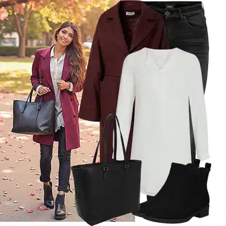 Výstřih na ramena Outfit s Šedá/Bílá/Fialová/Krémová Tunikové Tričko/Elegantní Tunika/Klasická tunika/Dlouhá Halenka Vila "Trendový podzimní outfit"