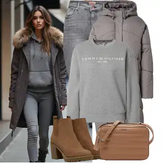 Dlouhé Outfit s Šedá/Tmavě šedá Fleecová Mikina/Kožená bunda/Sportovní mikina Tommy Hilfiger "Stylový Podzimní Outfit"